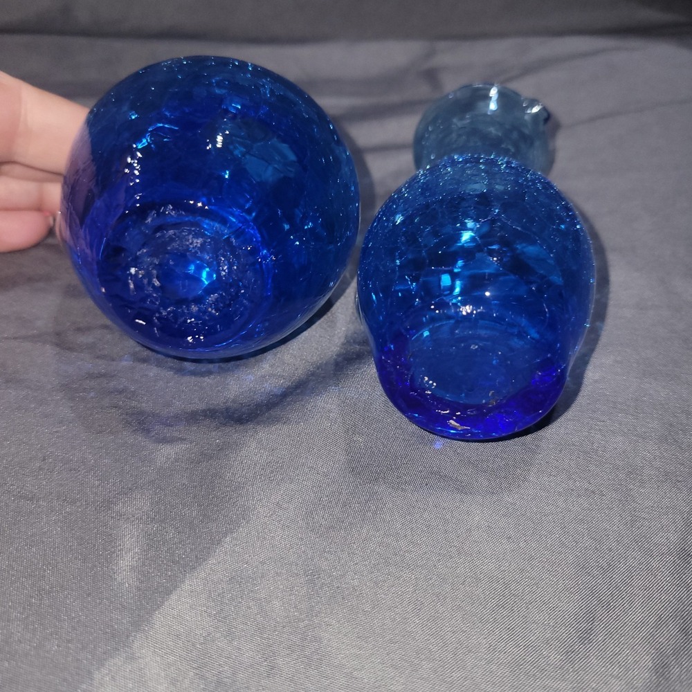 Vintage Mid Century Blue Hand Blown Crackle Small Pitchers Set Of 2 - Picture 10 of 10